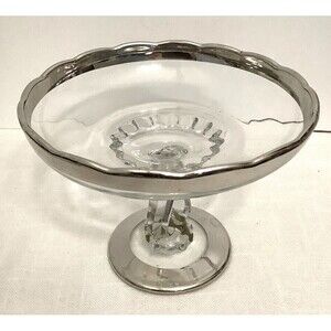 Viking Glass Princess Pattern Clear Harp Stem Pedestal Compote W/ Silver Overlay